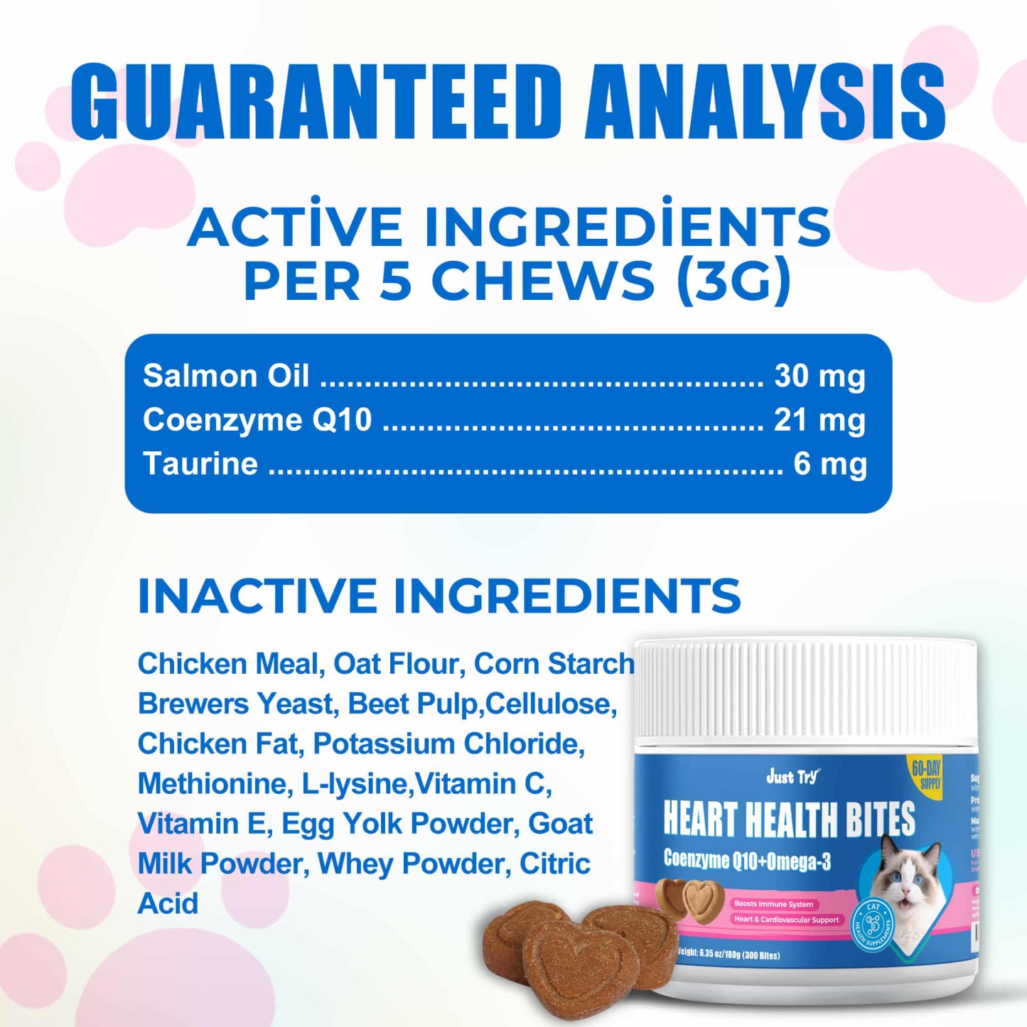 JUSTTRY CoQ10 Heart Health Bites – Chicken-Flavored  with CoQ10 & Taurine for Feline Heart Health, Cat Supplements  300 Count-CritterCorner