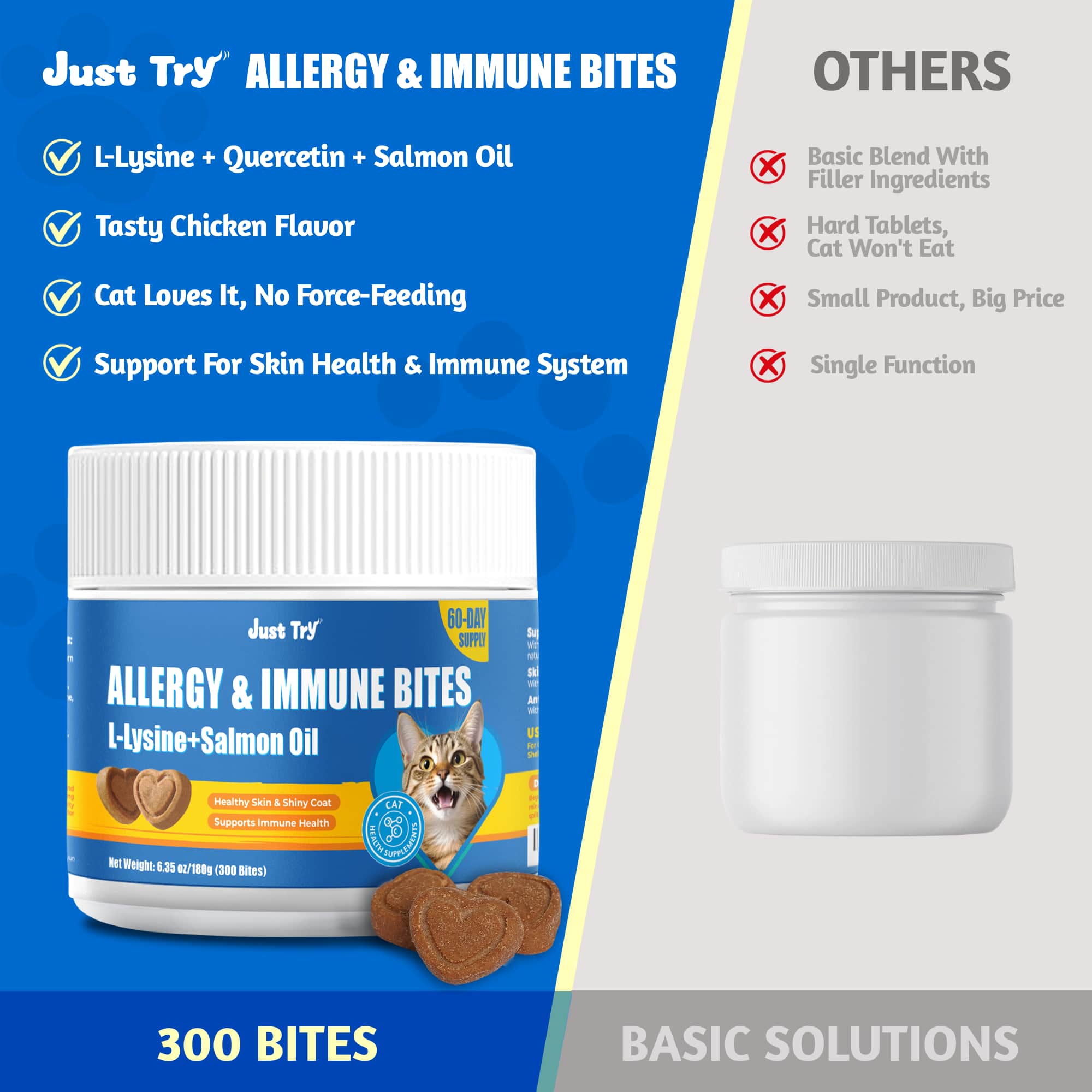 JUSTTRY Cat Allergy & Immune Bites Cat Supplements – Chicken Flavor with L-Lysine For Cats for Itchy Skin Relief & Immune Support, 6.35oz, 300 Bites-CritterCorner