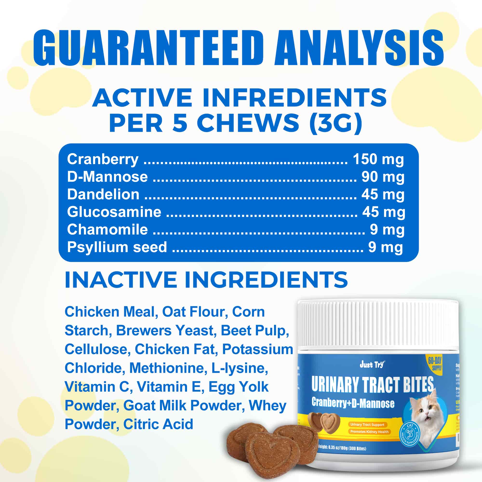 JUSTTRY Cat Urinary Tract Bites Cat Supplements – Cranberry & D-Mannose, Grain-Free Natural Snacks for Urinary Health & Cat Kidney Support, 6.35oz, 300 Bites-CritterCorner