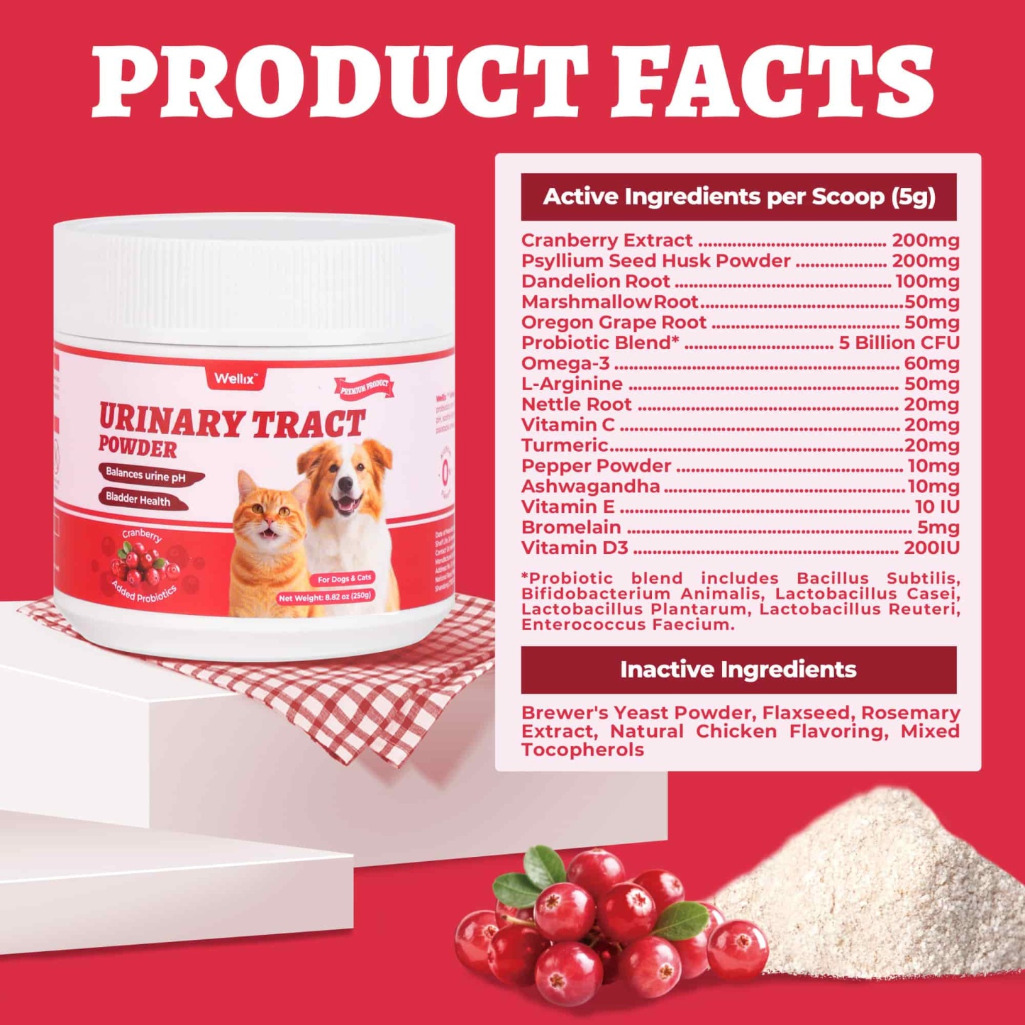 Wellix Urinary Powder for Dogs & Cats – 8.8 oz with D-Mannose & Cranberry Powder for UTI, Bladder & Kidney Support-CritterCorner