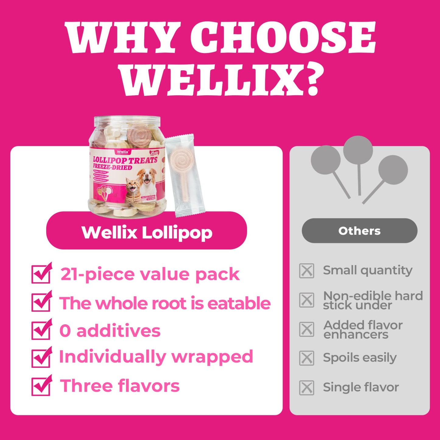 Wellix Freeze Dried Lollipop Dog & Cat Treats - High Protein Chicken Cat Treats with Cat Grass, Dragon Fruit & Goat Milk - Low Calorie Training Snacks 21pcs-CritterCorner