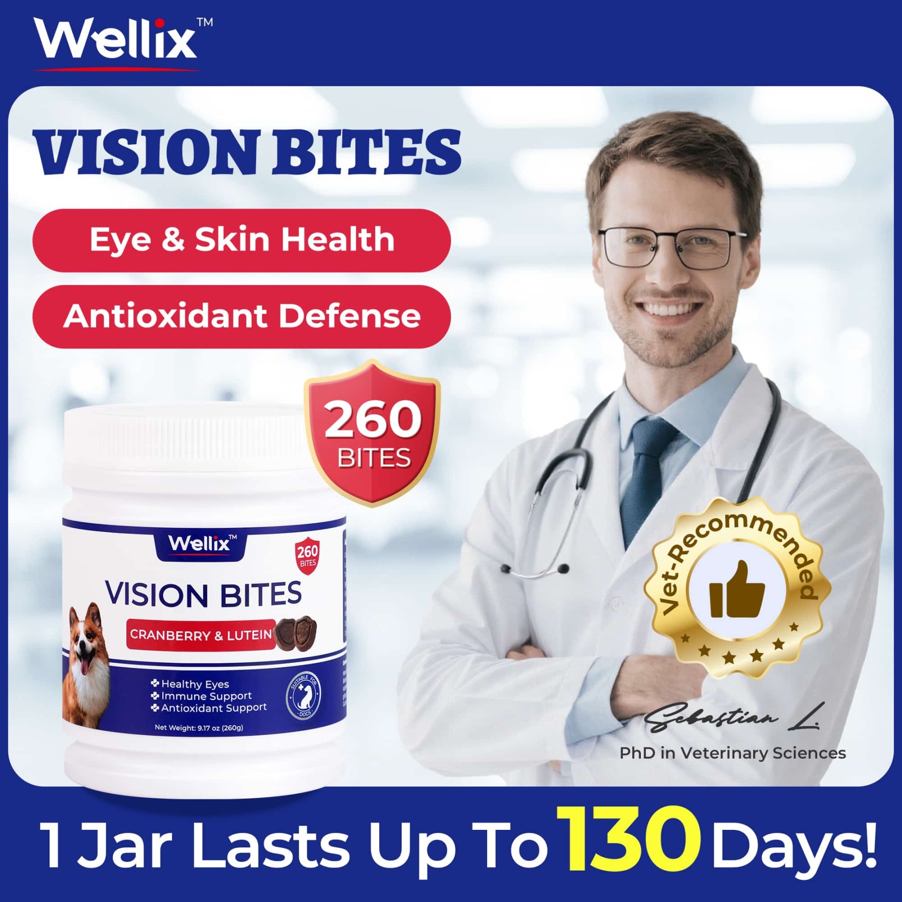 Wellix Dog Vision Bites – 260 Count with Cranberry, Lutein & Taurine for Tear Stain Removal & Vision Health-CritterCorner