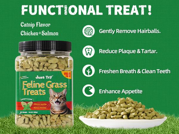 JUST TRY 13.4 OZ Cat Grass Treats Natural Salmon Flavor Healthy Cat Snacks Training Biscuits Catnip for Cats Dental and Hairball Control Treats