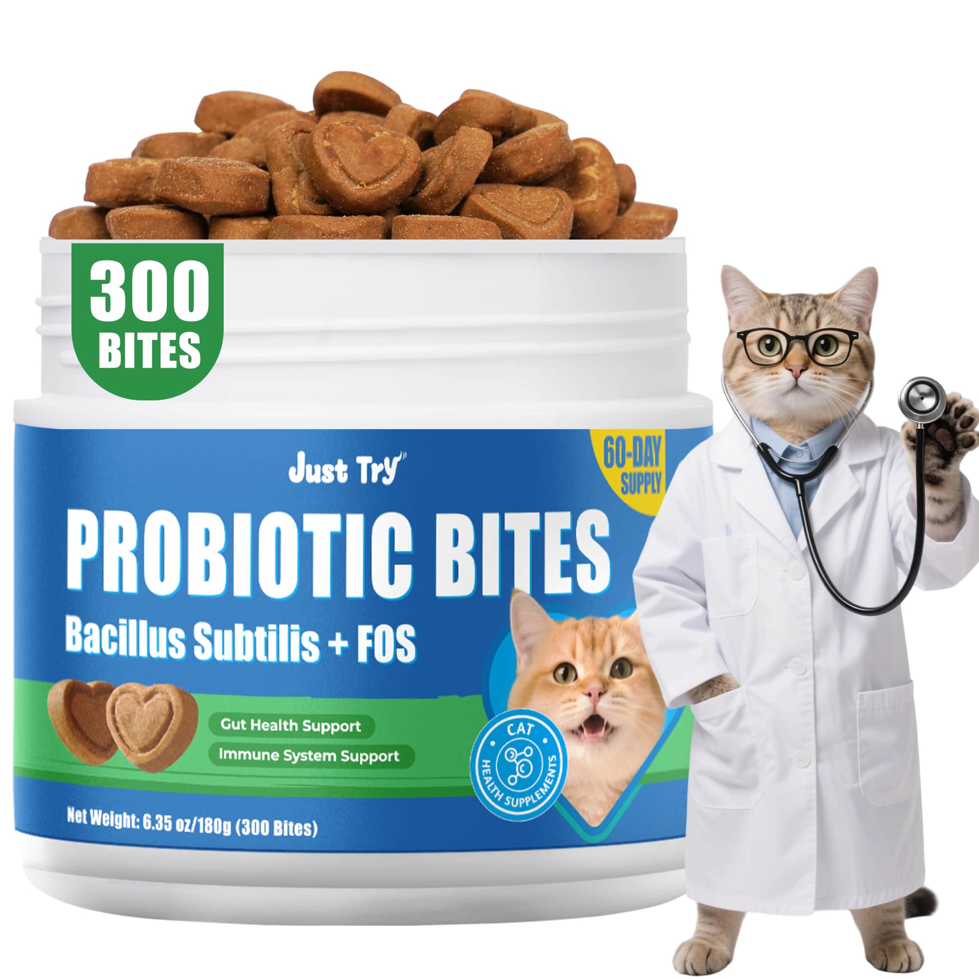 JUSTTRY Cat Probiotic Bites – For Cat Digestive Support & Cat Constipation Relief Chicken Flavored Cat Supplements, 6.35oz, 300 Bites-CritterCorner