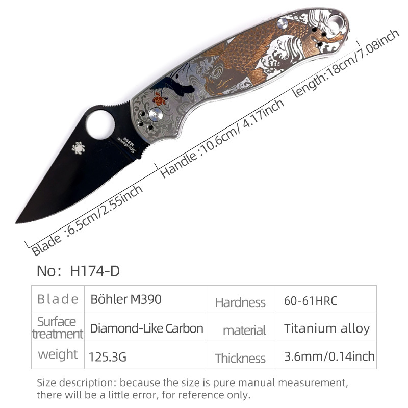 H174-D folding knife Böhler M390 high quality steel Diamond-Like Carbon titanium alloy hilt Fruit knives