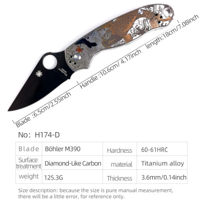 H174-D folding knife Böhler M390 high quality steel Diamond-Like Carbon titanium alloy hilt Fruit knives