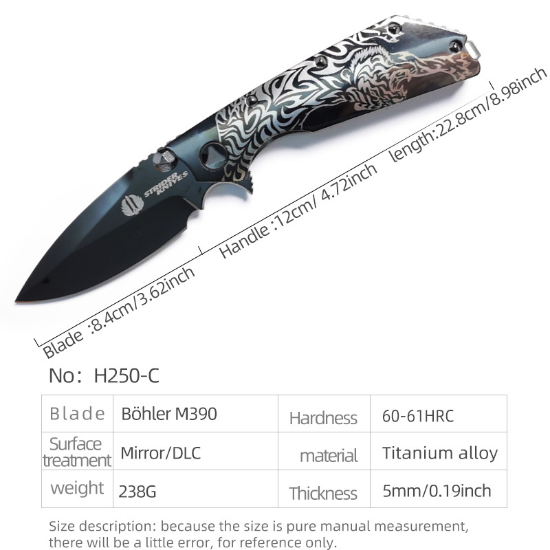 H250-C folding knife Böhler M390 high quality steel Mirror/DLC Diamond-Like Carbon titanium alloy hilt Fruit knives