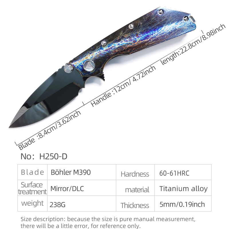 H250-D folding knife Böhler M390 high quality steel Mirror/DLC Diamond-Like Carbon titanium alloy hilt Fruit knives