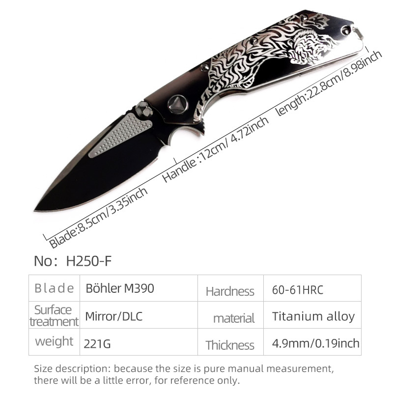 H250-F folding knife Böhler M390 high quality steel Mirror/DLC Diamond-Like Carbon titanium alloy hilt Fruit knives