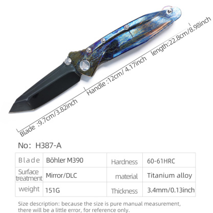 H387-A folding knife Böhler M390 high quality steel Mirror/DLC Diamond-Like Carbon titanium alloy hilt Fruit knives