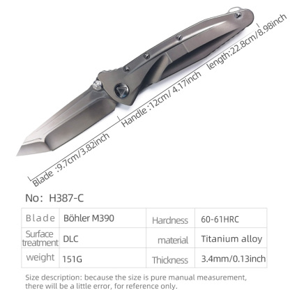 H387-C folding knife Böhler M390 high quality steel Diamond-Like Carbon titanium alloy hilt Fruit knives