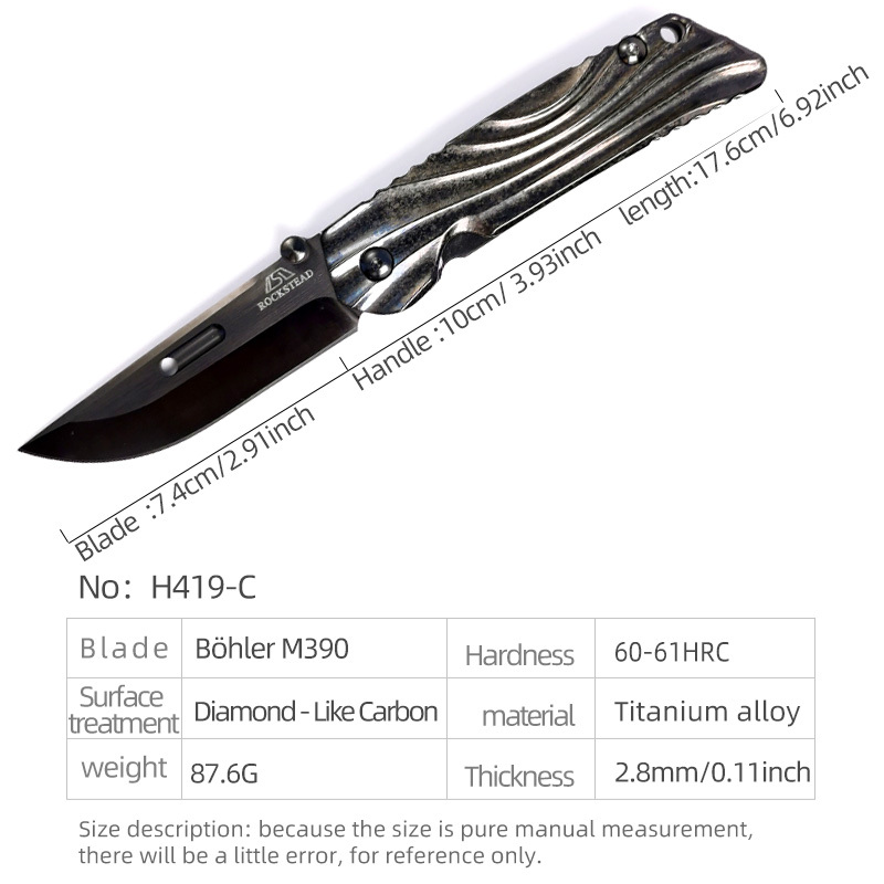 H419-C folding knife Böhler M390 high quality steel Diamond-Like Carbon titanium alloy hilt Fruit knives