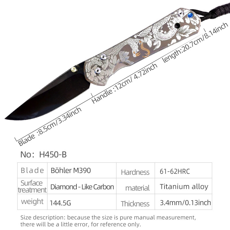 H450-B folding knife Böhler M390 high quality steel Diamond-Like Carbon titanium alloy hilt Fruit knives