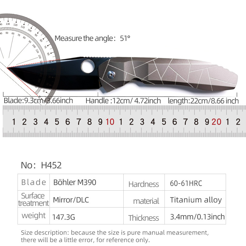 H452-A folding knife Böhler M390 high quality steel Mirror/DLC Diamond-Like Carbon titanium alloy hilt Fruit knives