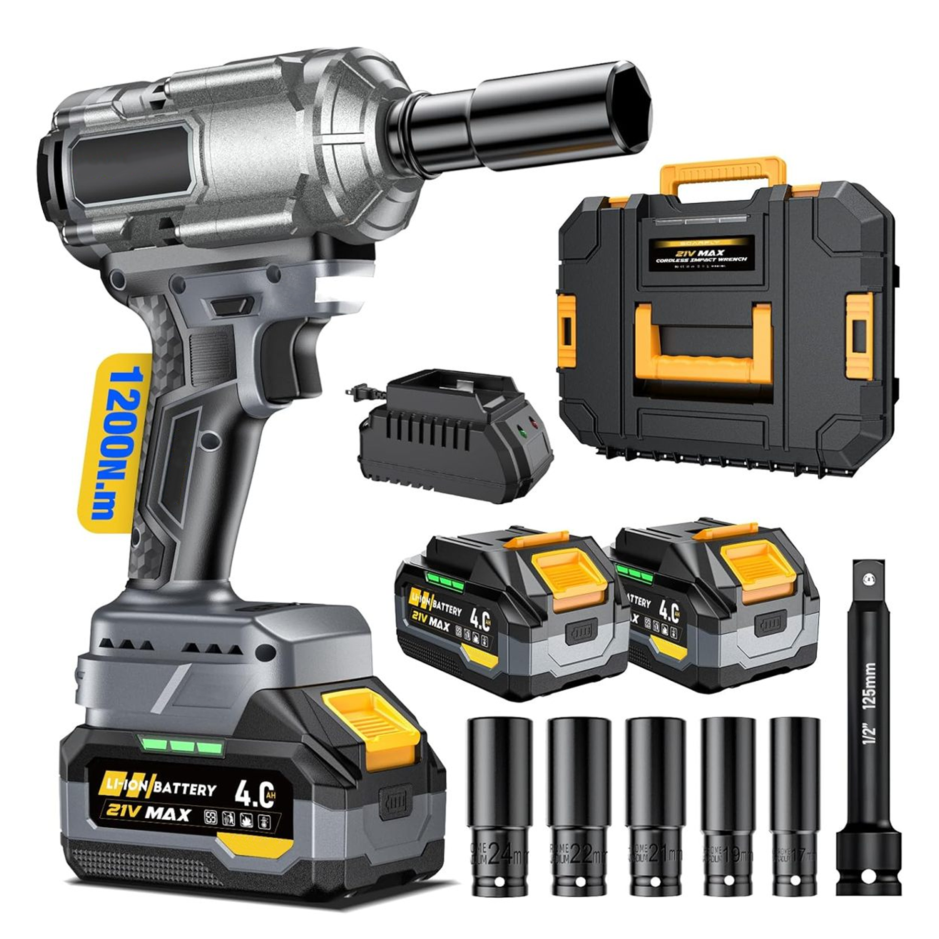 Upgraded Cordless Impact Wrench 1/2", 900 Ft-lbs (1200 Nm) Brushless Impact Gun, 21V High Torque Impact Driver with 2x 4.0Ah Batterie