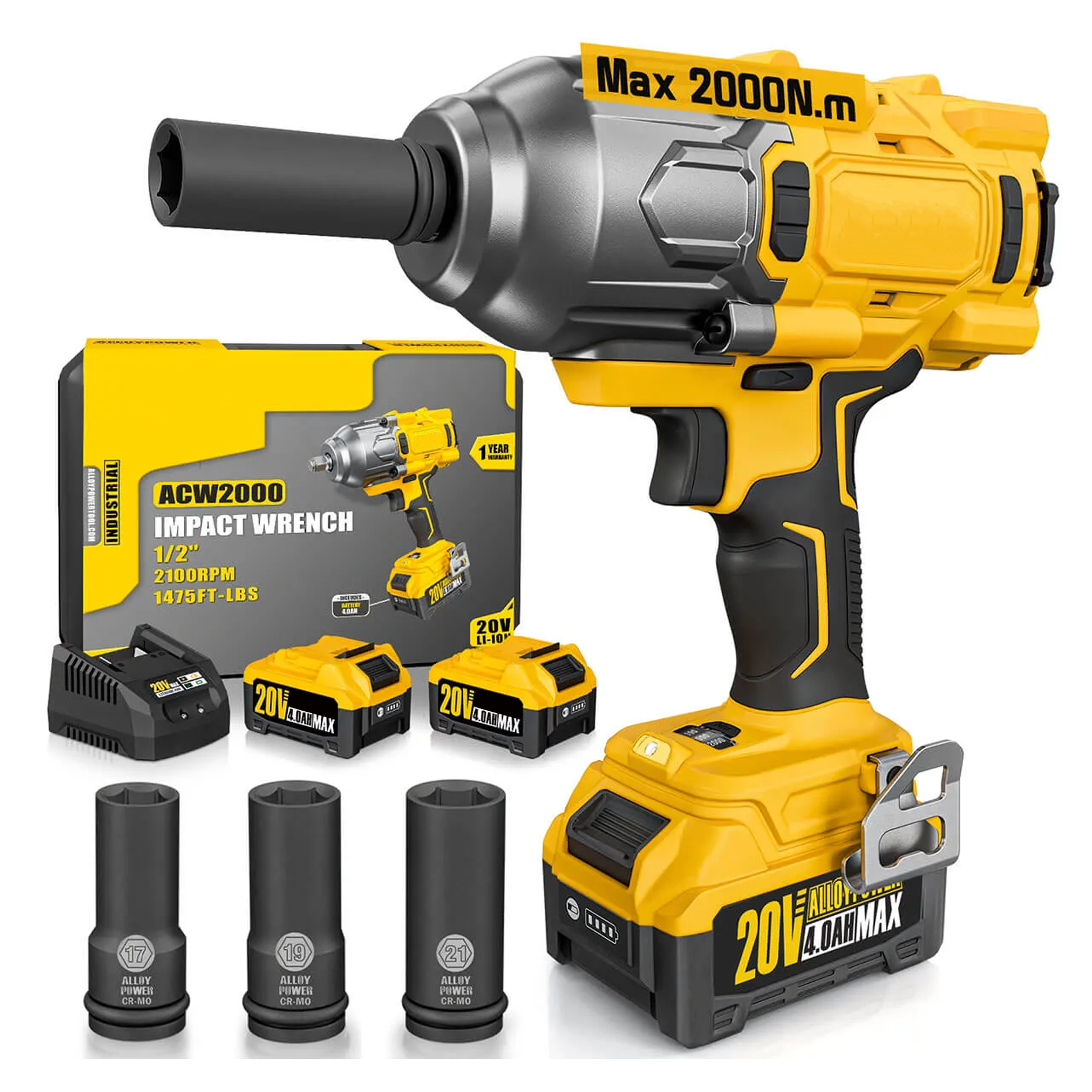 1/2" Cordless Brushless Impact Wrench Kit - 1475 ft-lbs(2000N.m) High Torque - Red Kit