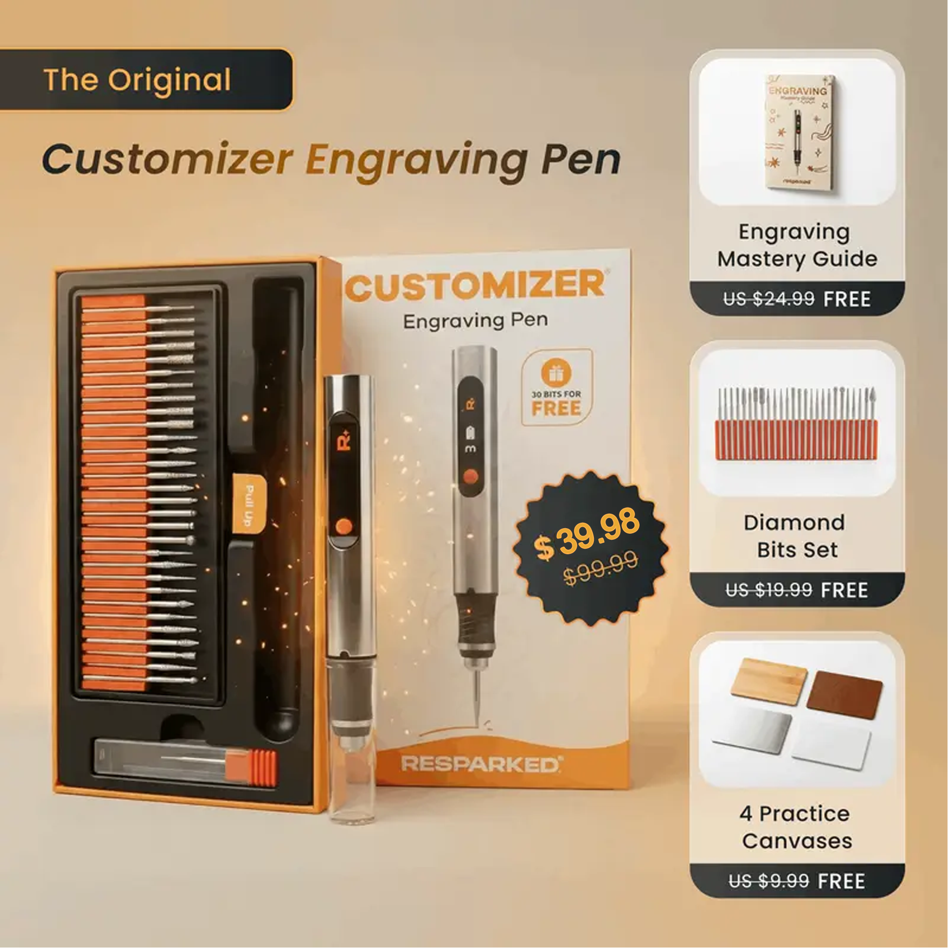 Customizer Engraving Pen with 30 Free Diamond Bits for Personalized Gifts & Practice Canvases Easy to Use USB-C Fast Charger 3 Speed Settings 8000-21000 RPM