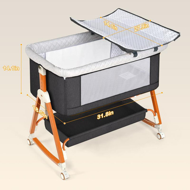Baby Bassinet Sleeper, 6 Height Adjustable Cribs, Easy to Fold Portable Crib Side Bassinet, Swing Cradle Bed Side Sleeper with Ventilated Net&Wheels