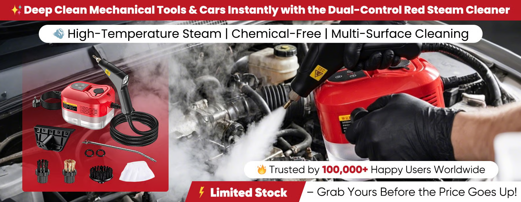 Dual-control red steam cleaning machine, for rapid and thorough cleaning of mechanical tools and vehicles