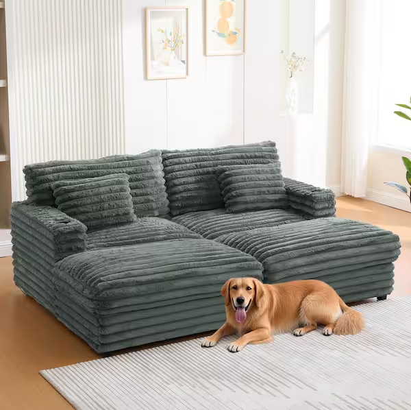 86" W Deep Seat Loveseat Sofa Chaise Daybed Oversized Love Seat TV Couch, Living Room Sleeper Napping Sofabed Fluffy Corduroy Upholstered Sofa&Couch with 4 Pillows for Home/Apartment
