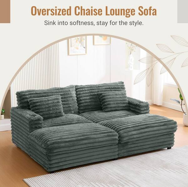 86" W Deep Seat Loveseat Sofa Chaise Daybed Oversized Love Seat TV Couch, Living Room Sleeper Napping Sofabed Fluffy Corduroy Upholstered Sofa&Couch with 4 Pillows for Home/Apartment