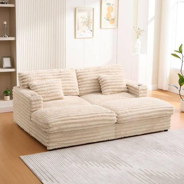 86" W Deep Seat Loveseat Sofa Chaise Daybed Oversized Love Seat TV Couch, Living Room Sleeper Napping Sofabed Fluffy Corduroy Upholstered Sofa&Couch with 4 Pillows for Home/Apartment