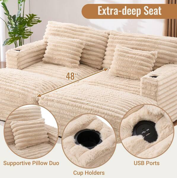 86" W Deep Seat Loveseat Sofa Chaise Daybed Oversized Love Seat TV Couch, Living Room Sleeper Napping Sofabed Fluffy Corduroy Upholstered Sofa&Couch with 4 Pillows for Home/Apartment