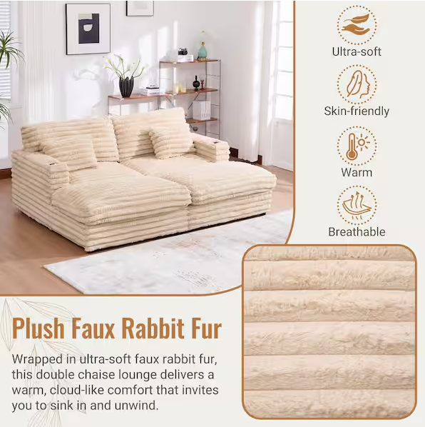86" W Deep Seat Loveseat Sofa Chaise Daybed Oversized Love Seat TV Couch, Living Room Sleeper Napping Sofabed Fluffy Corduroy Upholstered Sofa&Couch with 4 Pillows for Home/Apartment