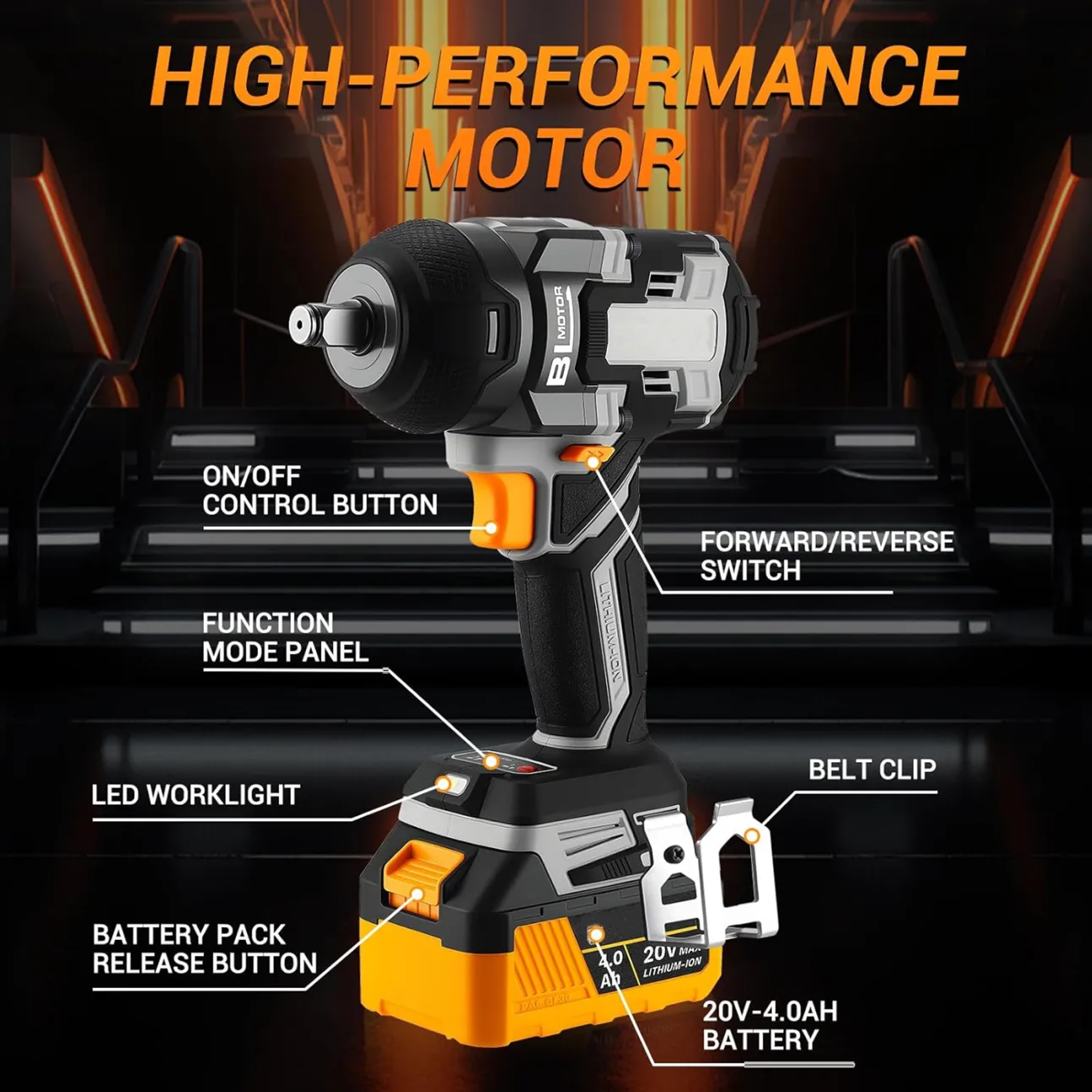 Cordless Impact Wrench:590ft-lbs/800N.m Impact Gun, 1/2" Brushless Impact Wrench
