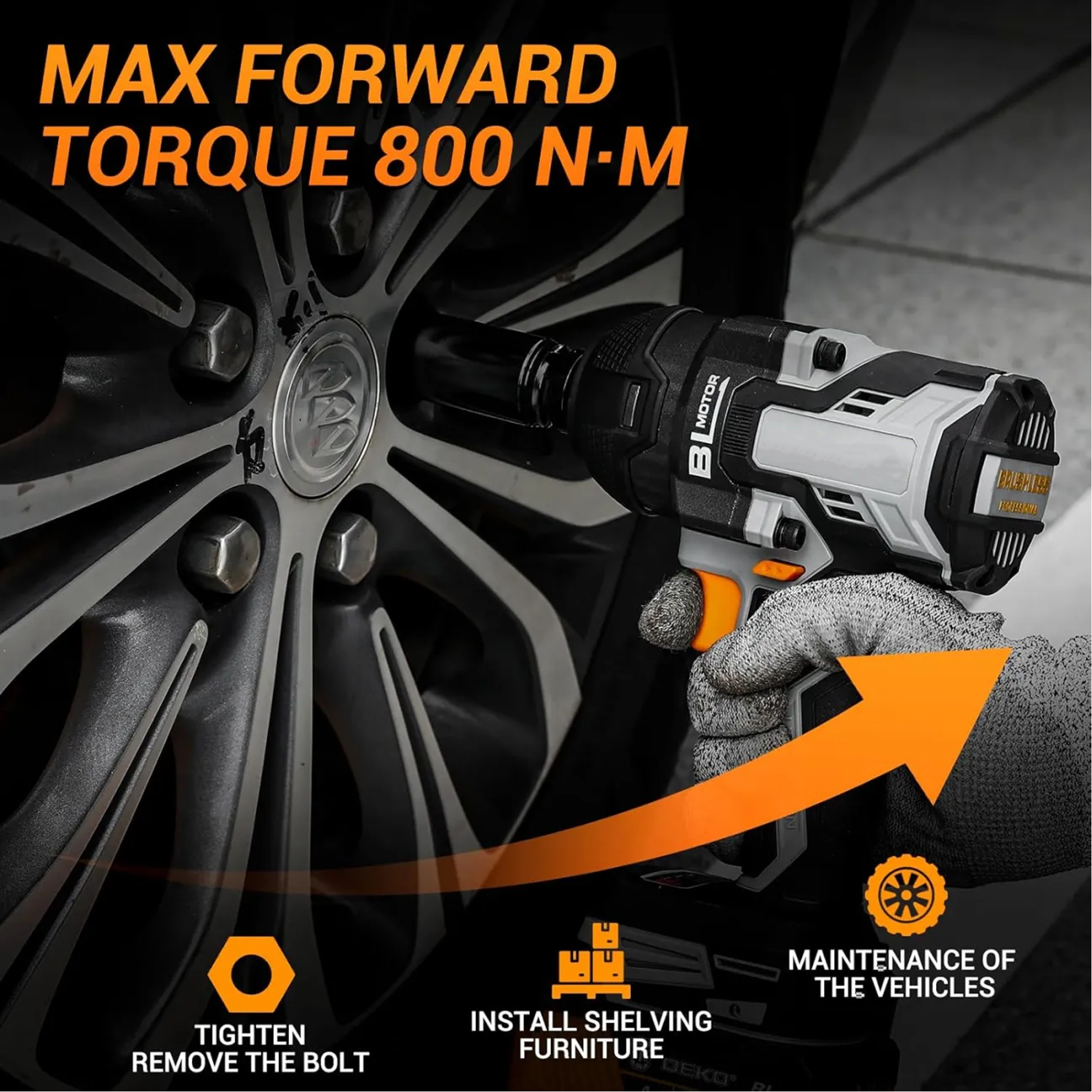 Cordless Impact Wrench:590ft-lbs/800N.m Impact Gun, 1/2" Brushless Impact Wrench