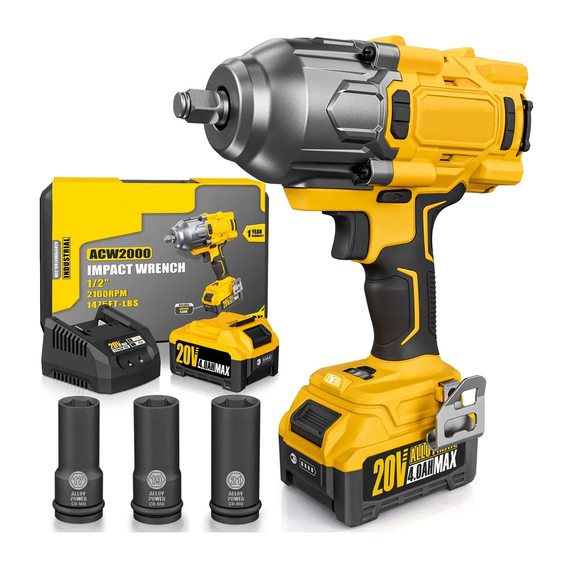 1/2" Cordless Brushless Impact Wrench Kit - 1475 ft-lbs(2000N.m) High Torque - Red Kit