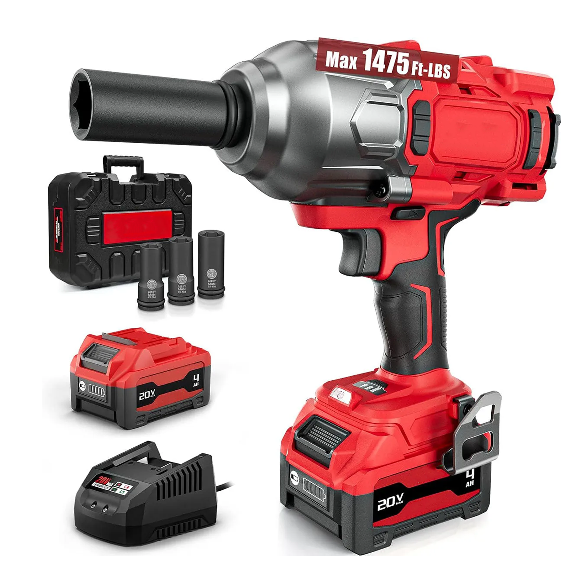 1/2" Cordless Brushless Impact Wrench Kit - 1475 ft-lbs(2000N.m) High Torque - Red Kit