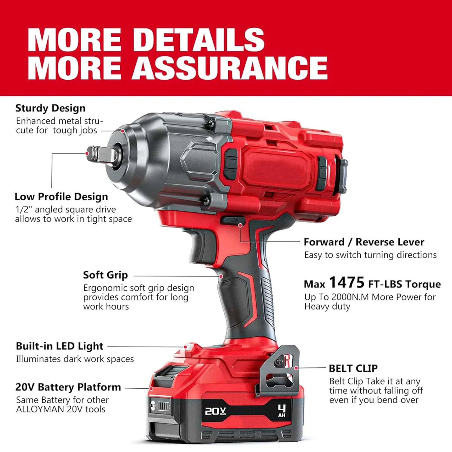 1/2" Cordless Brushless Impact Wrench Kit - 1475 ft-lbs(2000N.m) High Torque - Red Kit