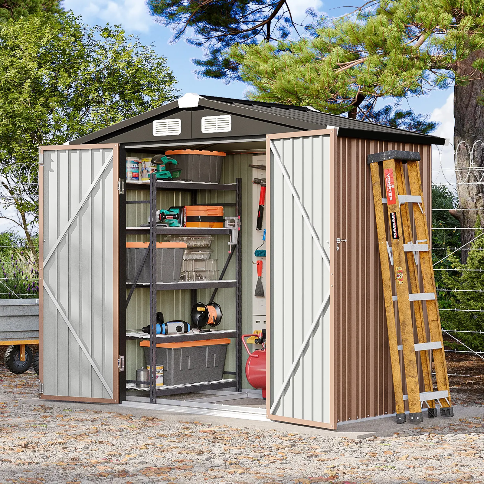 Outdoor Storage Shed Metal Garden Tool Shed with Sloping Roof Lockable Door for Patio Lawn Backyard Black Organizer for Garden Tools & Shelf Organization