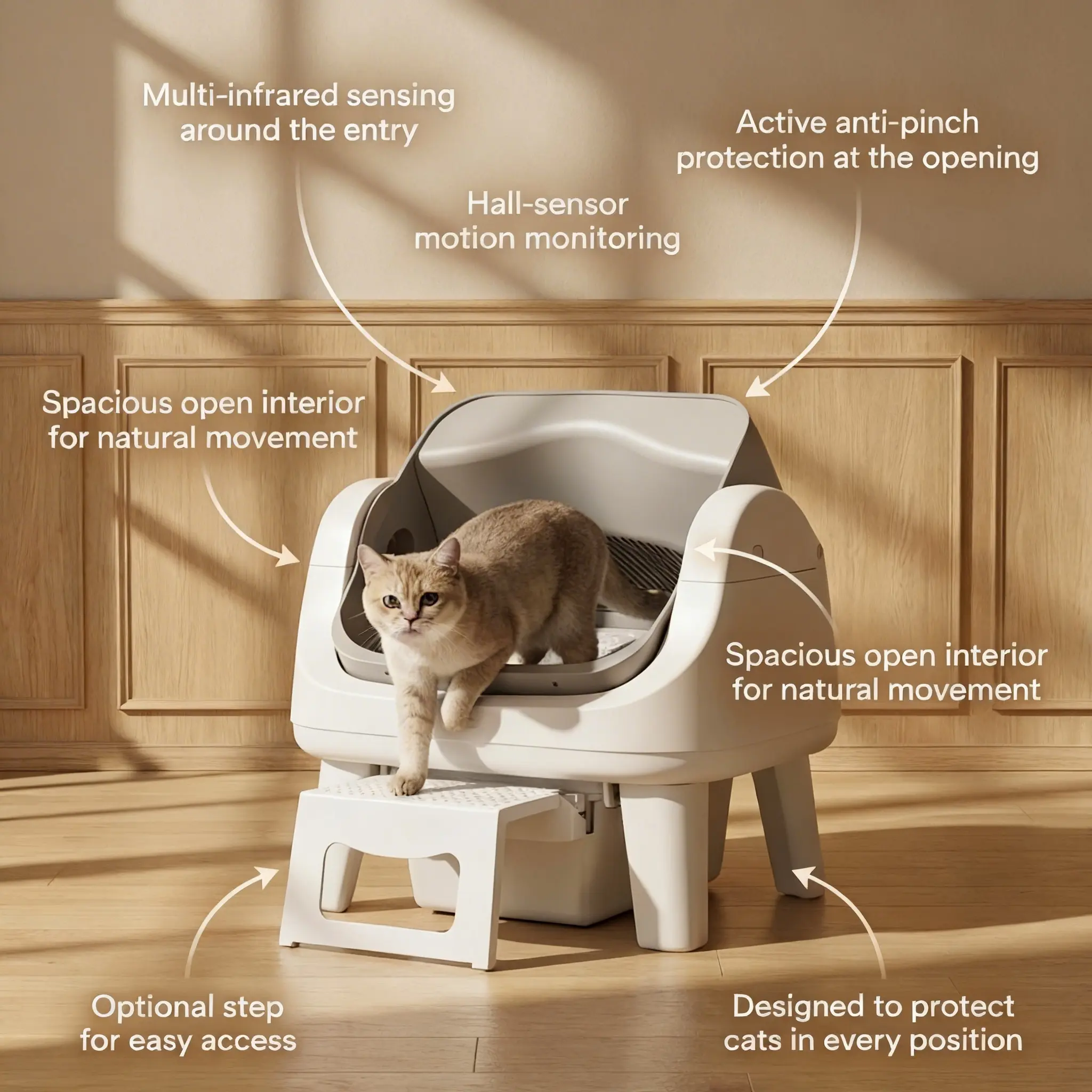 Open Top Self Cleaning Cat Litter Box, Automatic Litter Box with 7 Pairs of Safety Sensors, Anti-Pinch Protection, Easy Access Step for Senior Cats