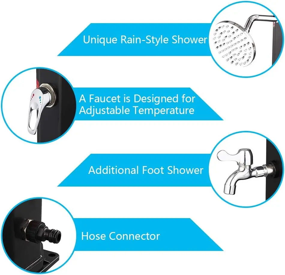 Solar Heated Shower, 9.3 / 5.5 / 10.6 / 16 / 2.3 Gallon Outdoor Shower with Shower Head and Foot Shower Tap，for Outdoor Backyard Poolside Beach Pool Spa