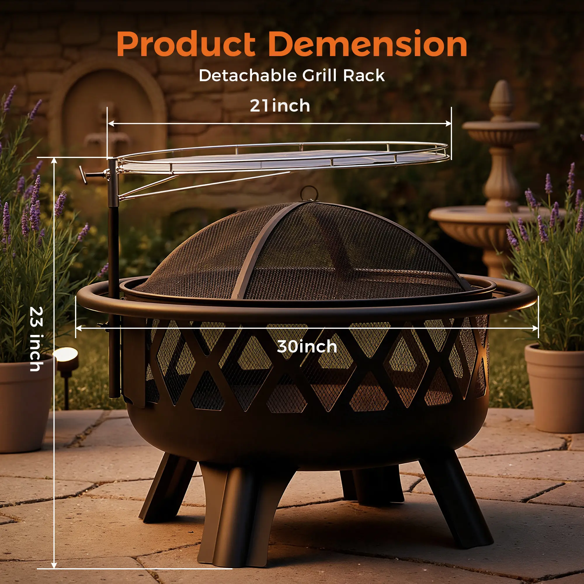 Memorial Day Sales 2-in-1 Wood Burning Fire Pit with Removable Cooking Grill Black Ultra-Durable Iron Grate 360-Degree Rotation Adjustable Height for Heating and BBQ Christmas gift