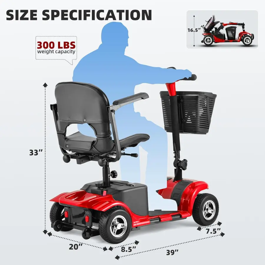 4-Wheel Portable Mobility Scooter – Electric Scooter with Removable Battery, LED Headlight & Basket, 300 lbs Capacity