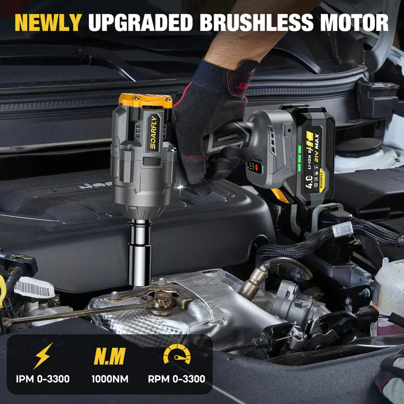 1000NM Impact Wrench, 2x 4.0Ah Batteries, Fast Charger, 6 Screwdriver Bit, 8 Drill Bit, 6 Sockets, For Car, Trucks