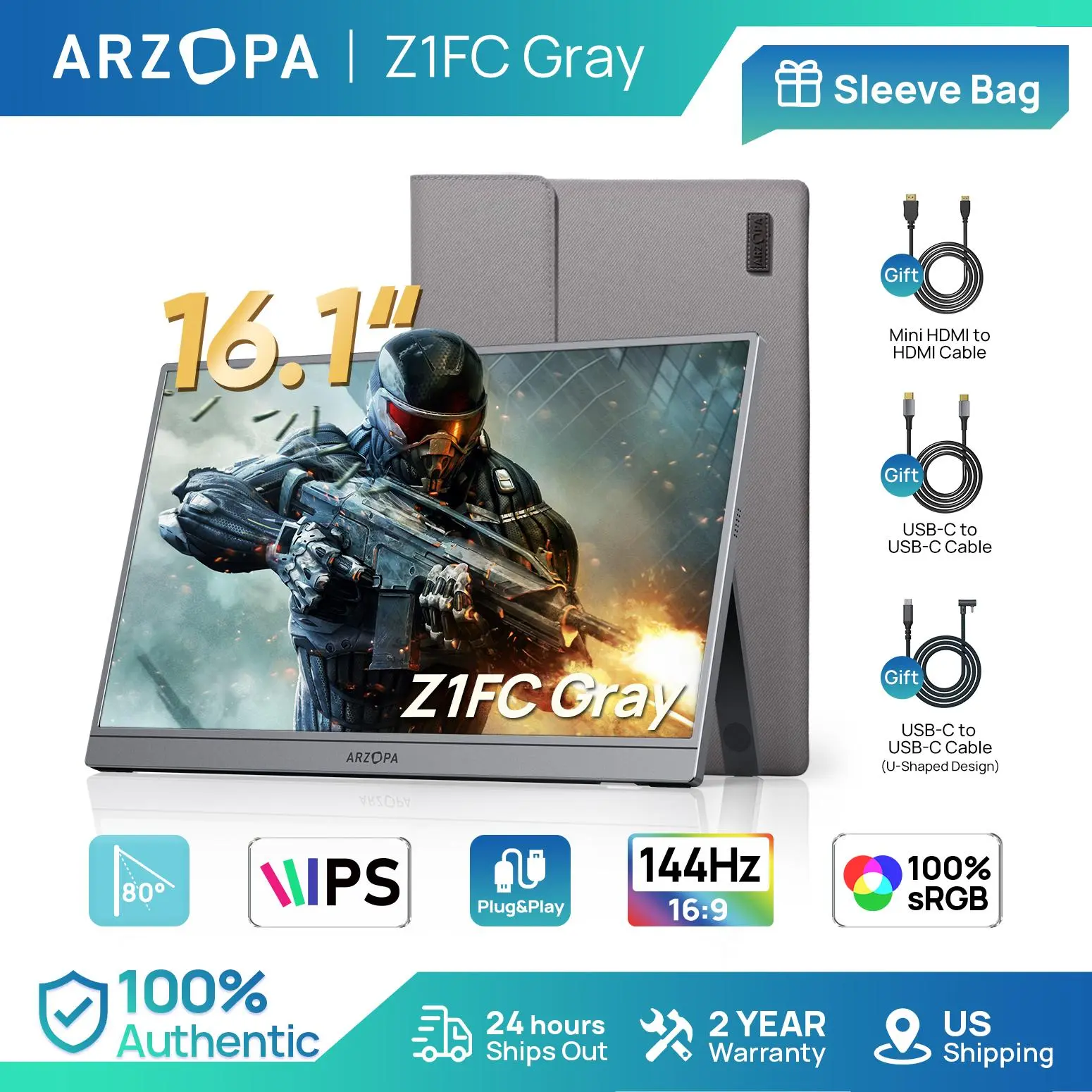 16.1" Portable Gaming Monitors – 180Hz 1440P QHD / 144Hz 1080P FHD – Ultra Slim External Display for Laptops Gaming PC PS5 Xbox Mac with Built-in KickStand & Dual Speakers – Gray