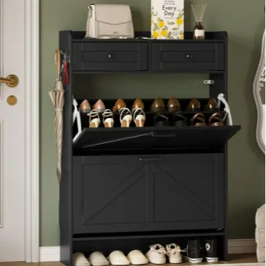 Shoe Storage Cabinet for Entryway, Farmhouse Wide Shoe Cabinet with 4 Flip Drawers and 2 Top Drawers, Freestanding Organizer with Adjustable Shelves, Hooks