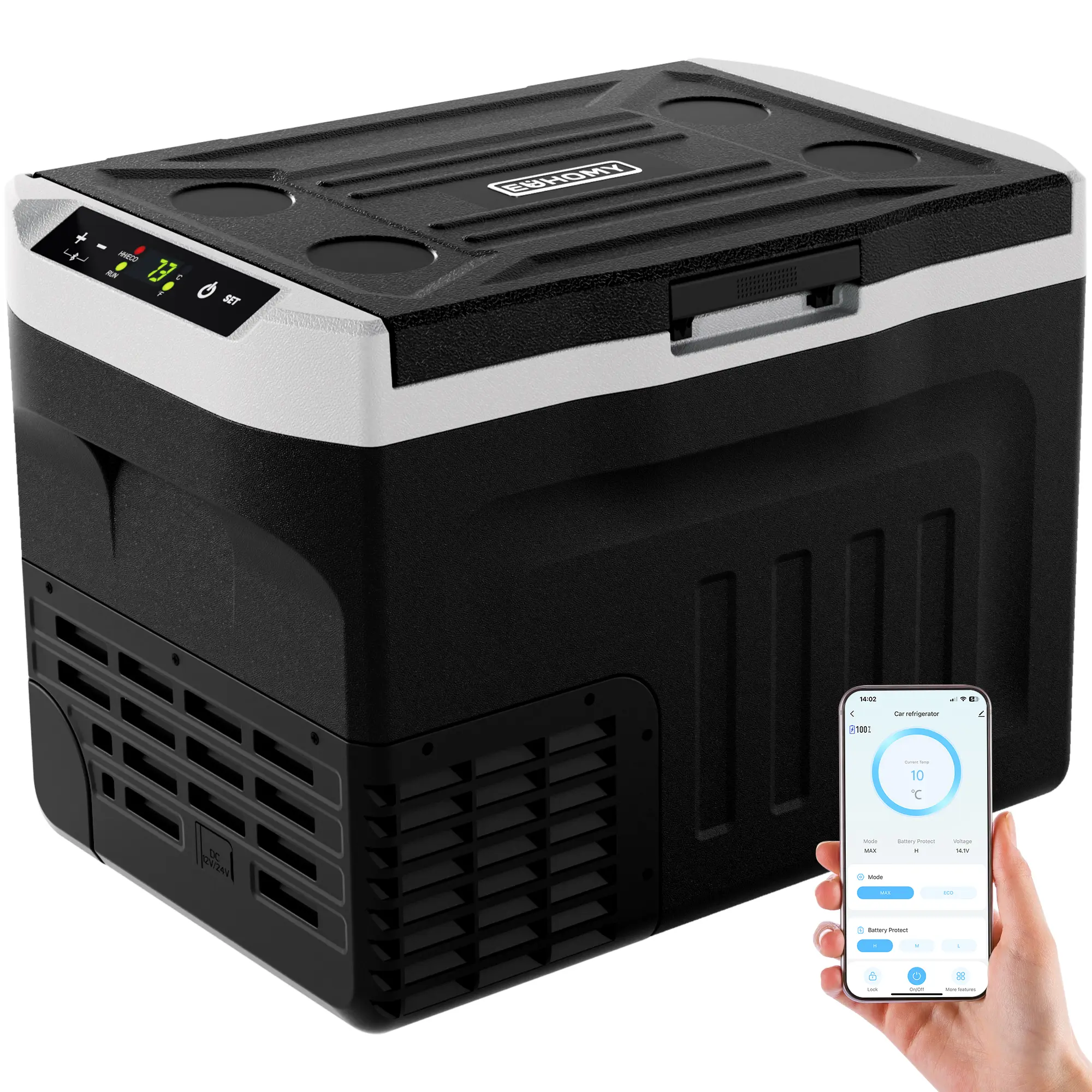 12V Refrigerator (24/37/53Quart /23L/35L/50L) supports 12V/24V DC & 110-240V AC. Portable with -4°F~68°F range, it features wheels, 2 baskets