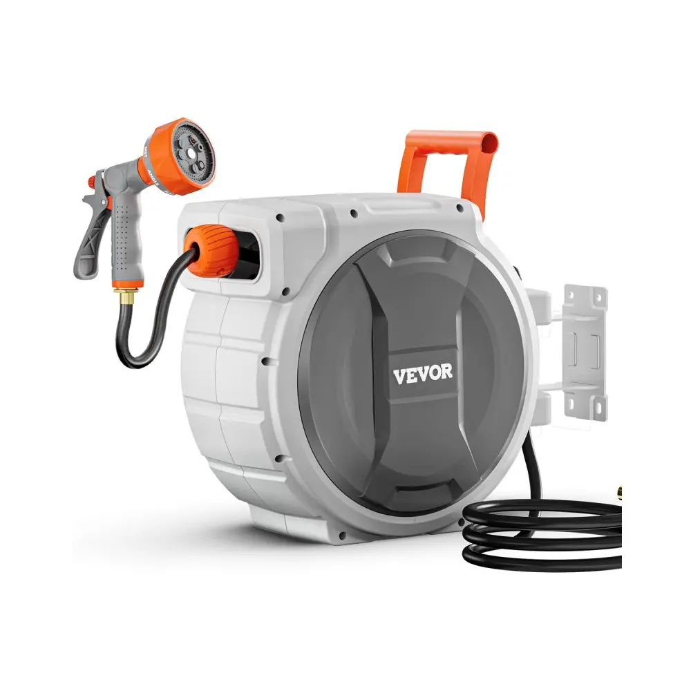 Retractable Garden Hose Reel, 180° Swivel Water Hose Reel with 9-Pattern Spray Nozzle, Any Length Lock & Slow Return System for Backyard Car Washing