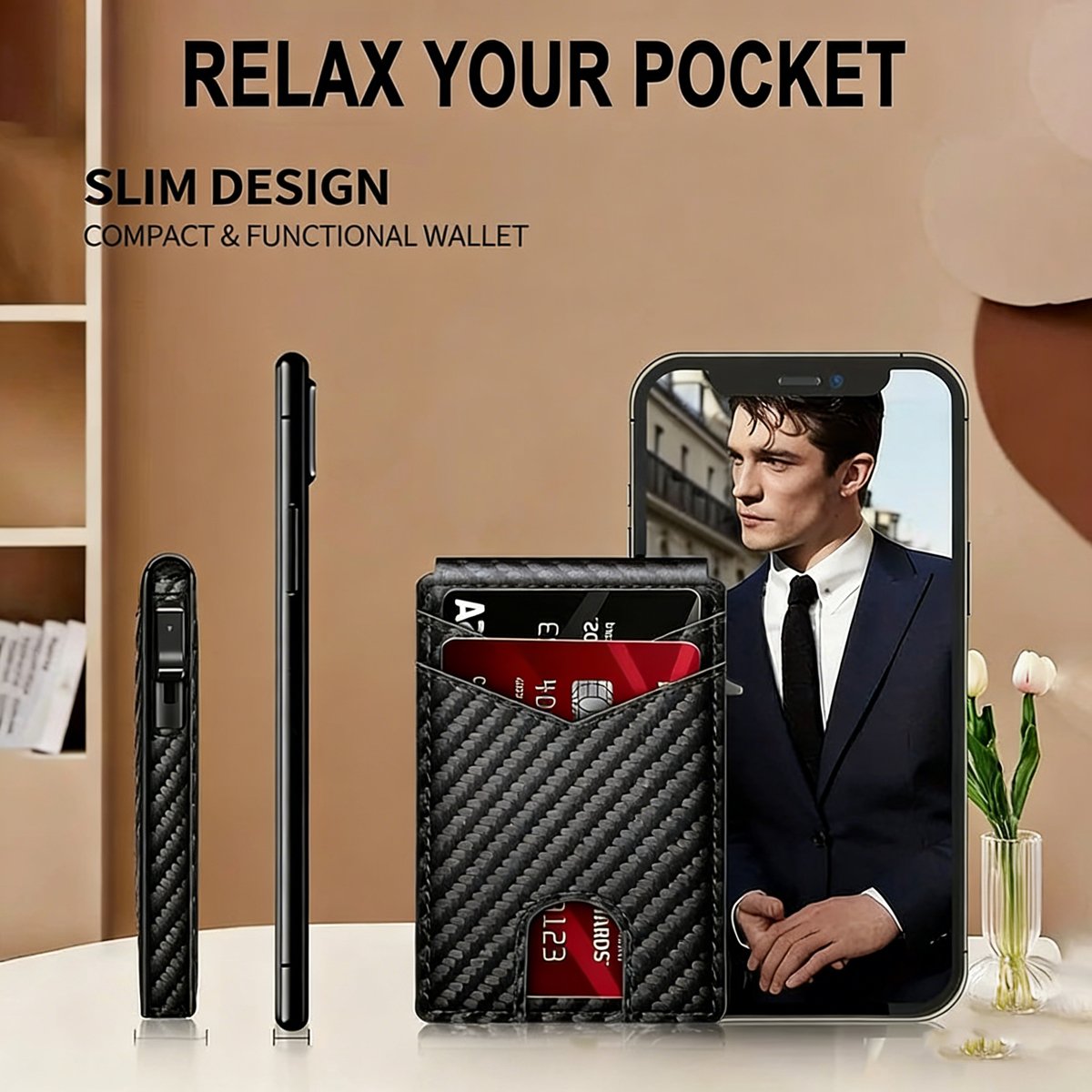 Slim Wallet for Men with Pop-Up Aluminum Case, RFID Blocking | Minimalist Leather Bifold Card Holder