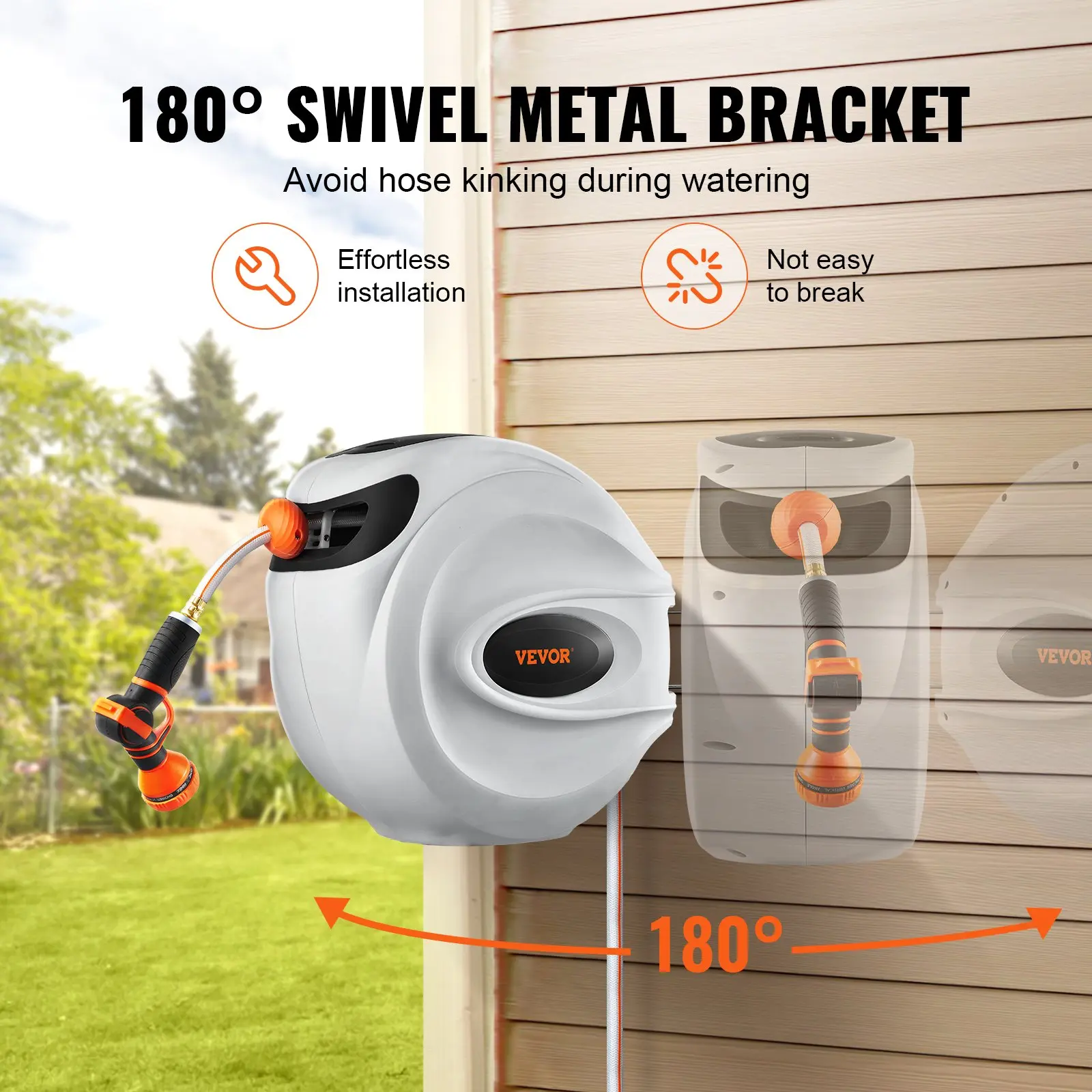 Retractable Garden Hose Reel, 180° Swivel Water Hose Reel with 9-Pattern Spray Nozzle, Any Length Lock & Slow Return System for Backyard Car Washing