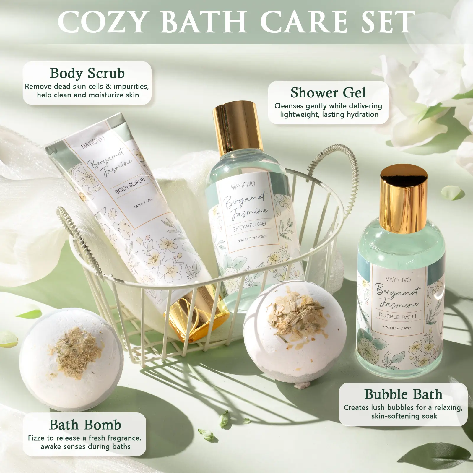 Valentine's Day Gifts for Women, Bergamot Jasmine Relaxing Spa Gift Baskets for Women Self Care Package Bath Gift Set, Home Bath and Body Kit