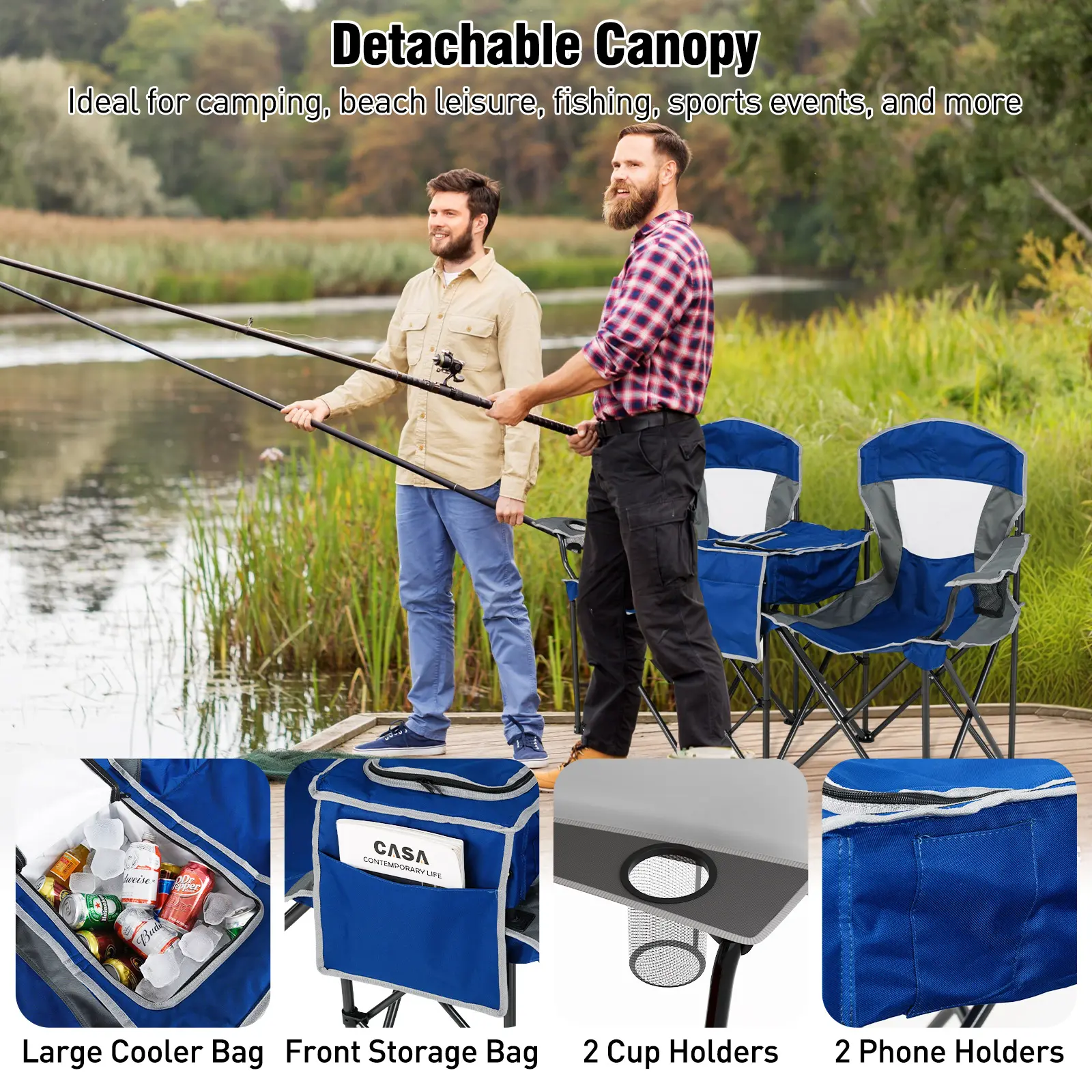 2-Person Portable Camping Chair with Roll-Up Shade & Cooler Bag