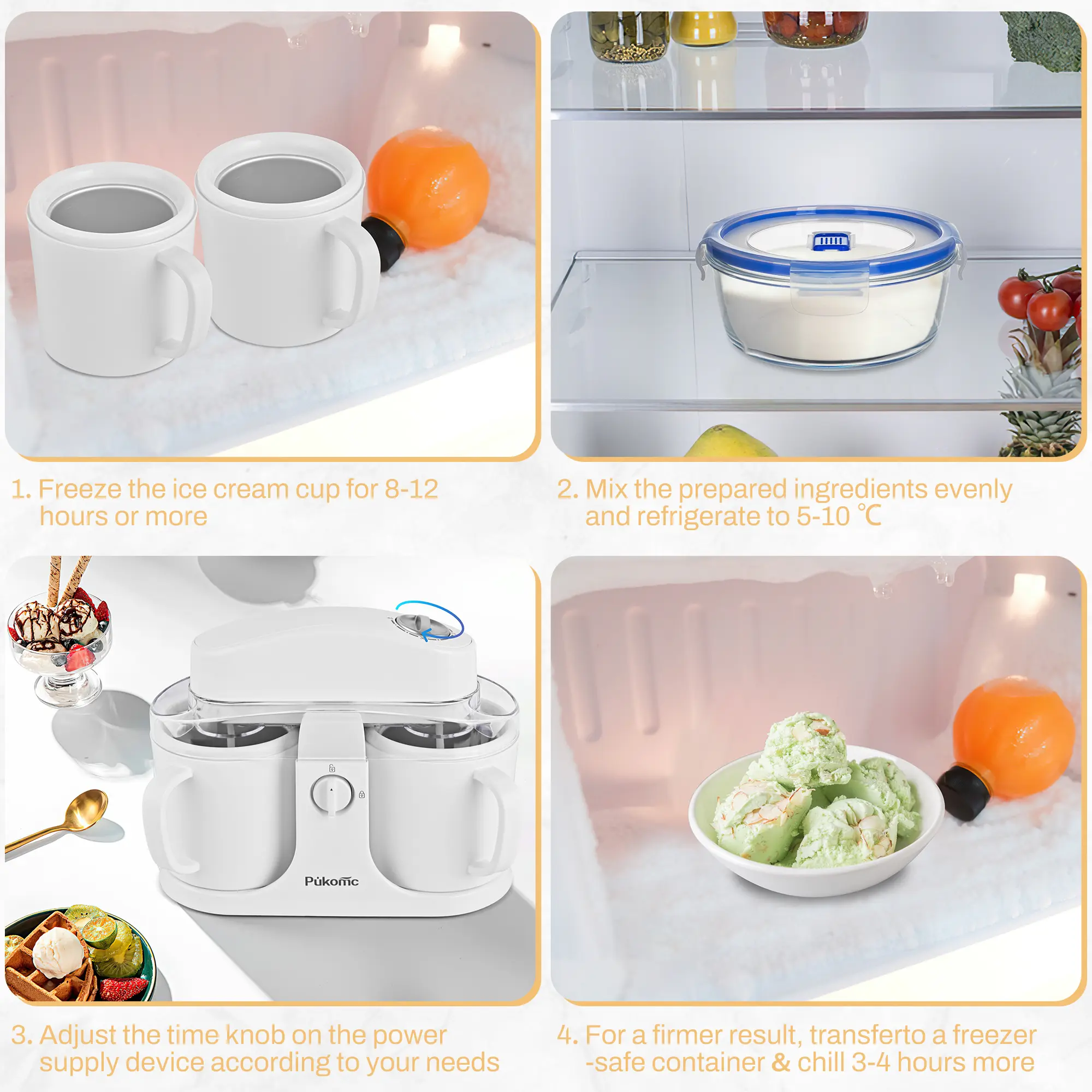 Ice Cream Maker Machine for Home Use with Two Ice Cream Bowls Simple Operation Easy to Clean White Easy Fast Use Perfect Dessert,The best Christmas New Year gift