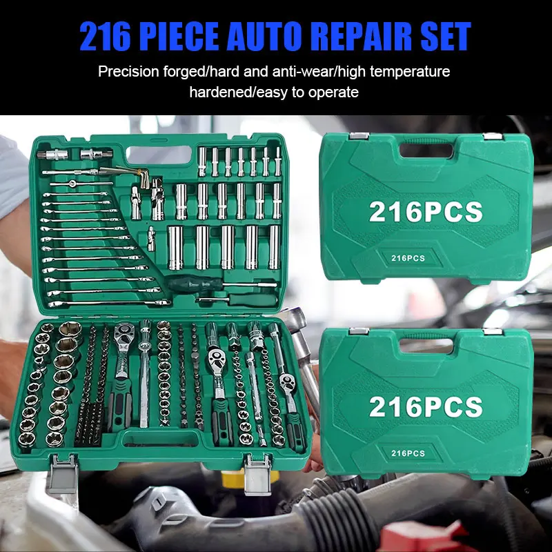 216-Piece Mechanic Tool Set: Comprehensive Auto Repair & Household Tool Kit with 1/2"" & 3/8"" Drive, Ratchet Wrench, Torque Wrench, and More