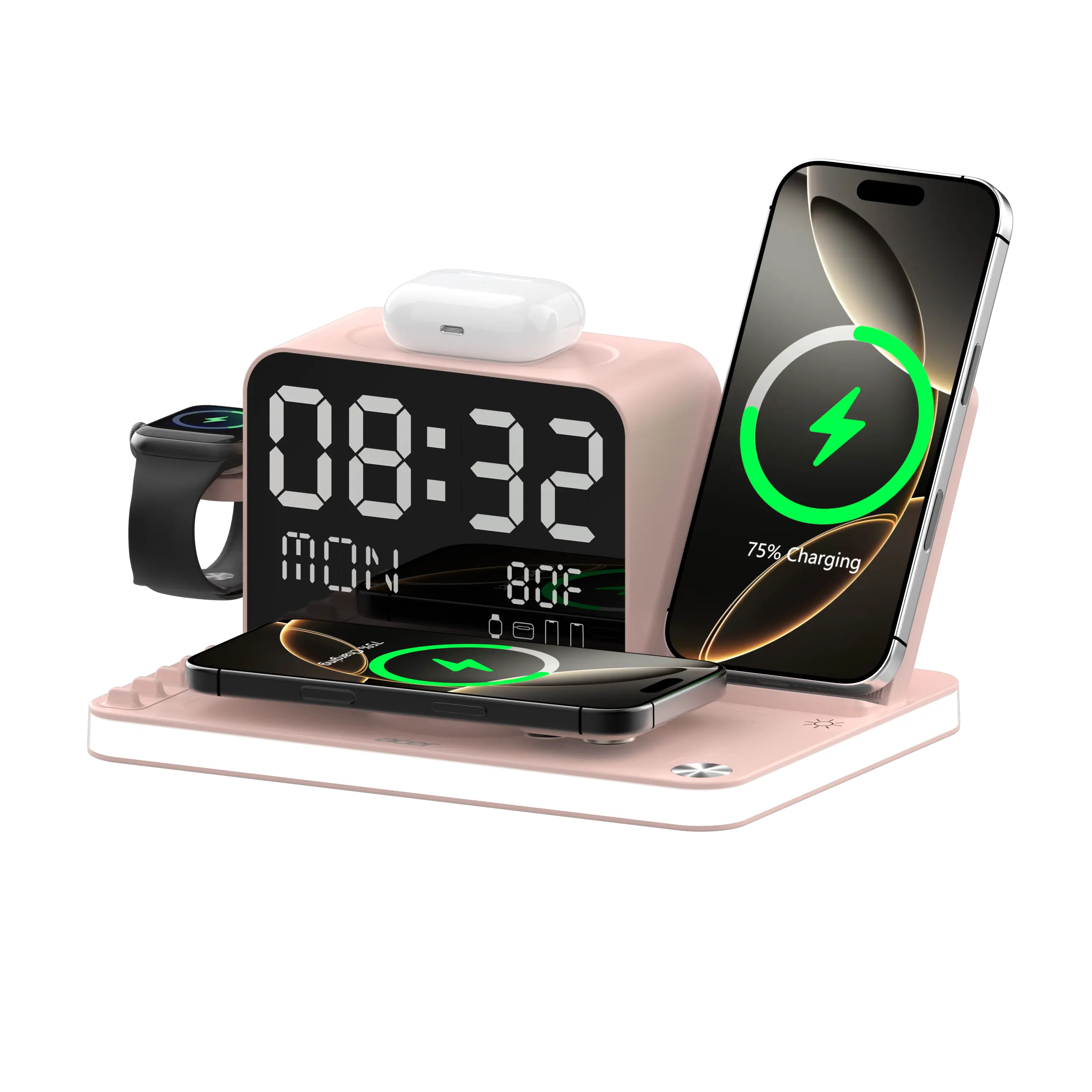 7-in-1 Wireless Charging Station – Fast Charger with LED Night Light, Bluetooth Clock & Temperature Display for iPhone, Apple Watch & AirPods